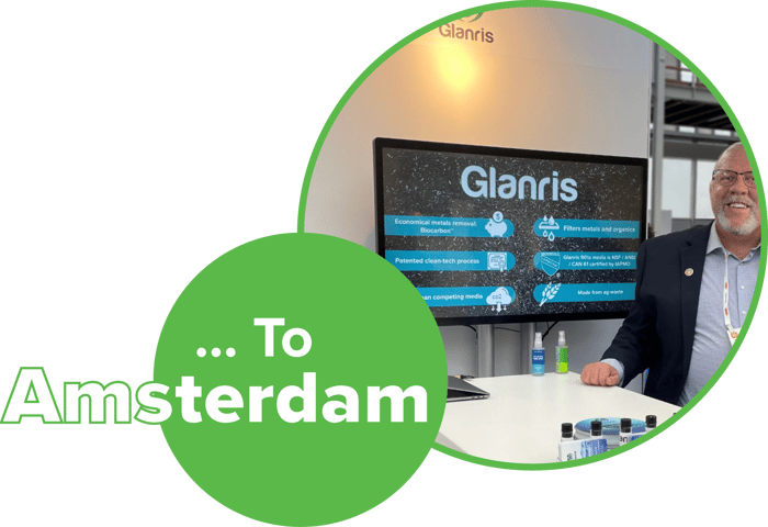 A member of the Glanris Sales team smiles at our booth in Amsterdam at Aquatech 2021