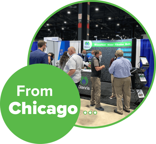 Glanris booth at the WEFTEC Chicago show with many visitors, reps, and sales team members